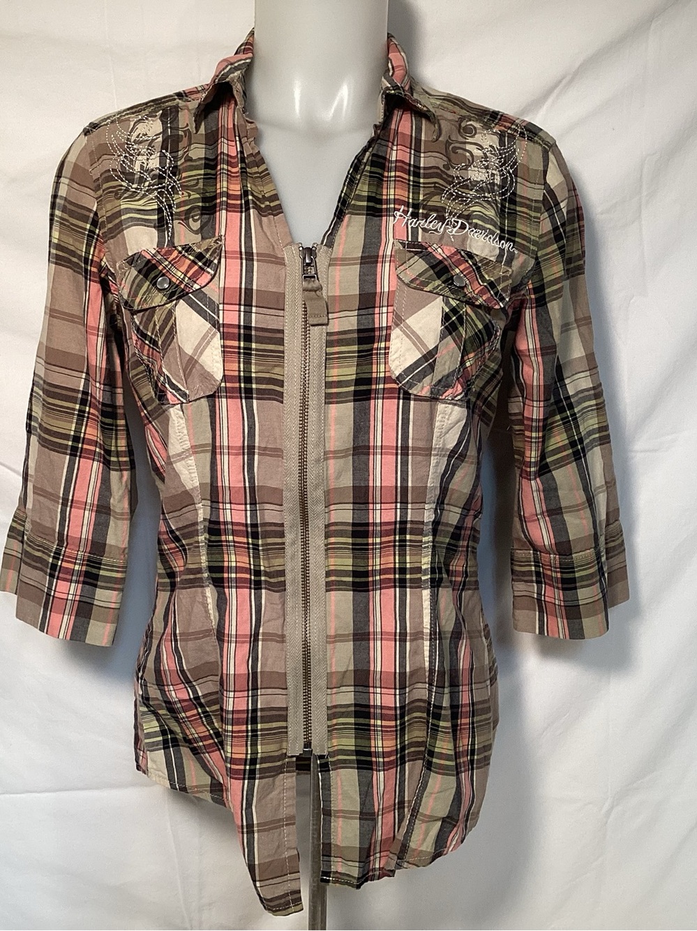 Harley-Davidson Pink Tan Plaid Zip-Front Embroidered 3/4 Sleeve Shirt  Womens M